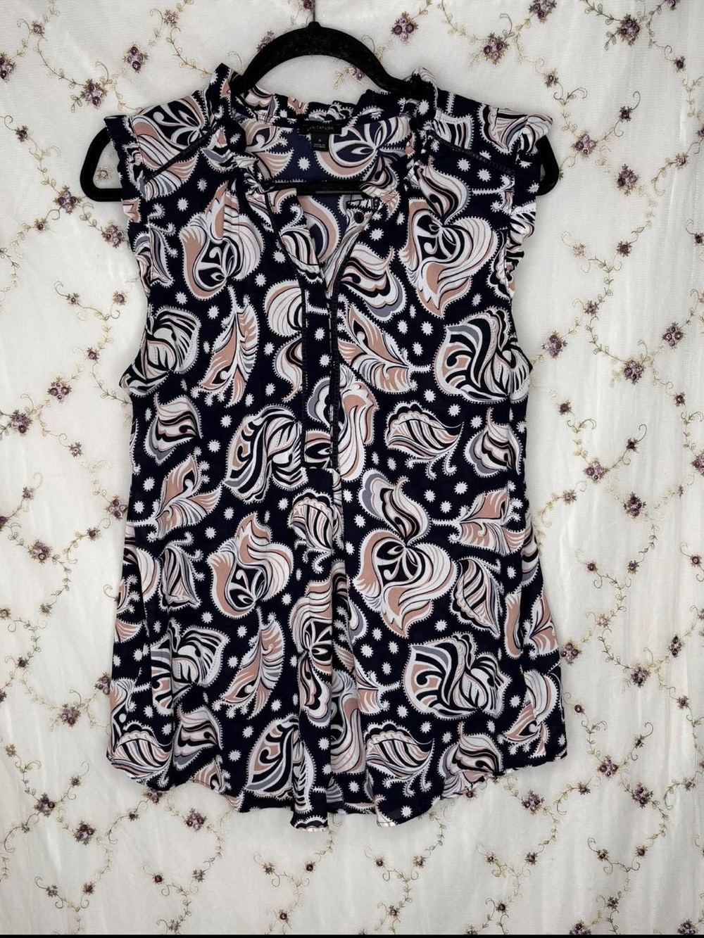 Ann Taylor Navy and Blush Sleeveless Ruffle V-Neck Blouse